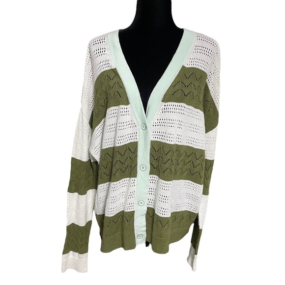 Talbots Green & White Mint Striped Cotton Linen Blend Cardigan Sweater - Picture 1 of 10